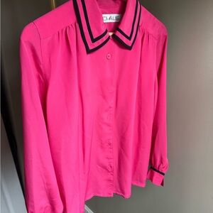 Vintage Chaus Pin Stripe Fuchsia Long Sleeve Blouse with Black Trim